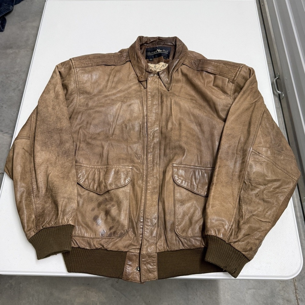 Hunters run Bomber Jacket Mens M Brown Fair Distressed Leather Flight Coat